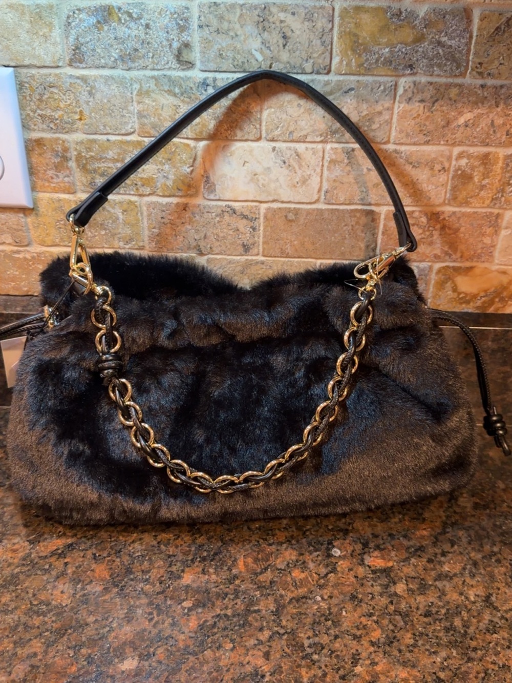 BCBG Faux Fur Black Shoulder Bag with Gold Chain Accent
